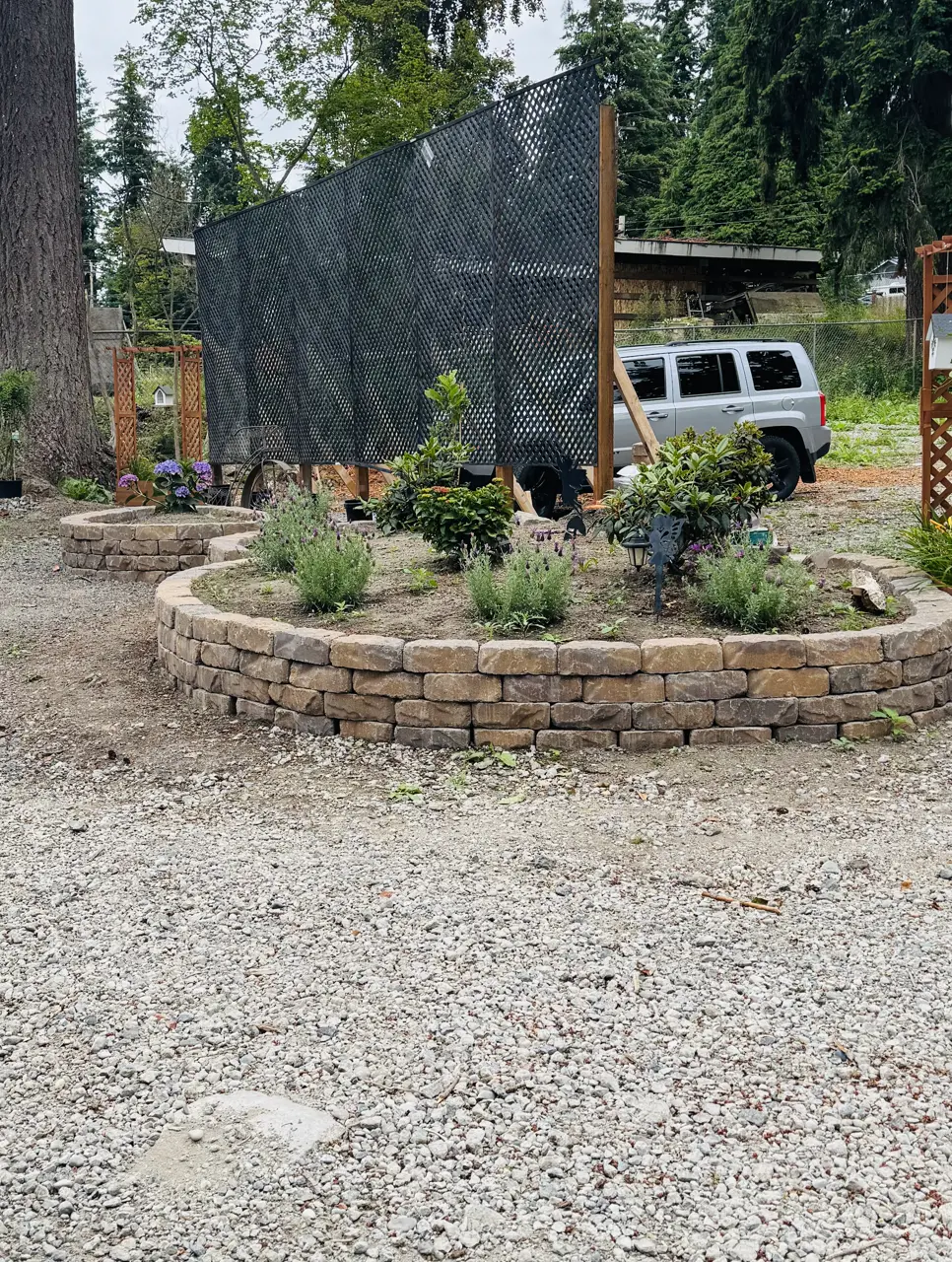 Raised curved block flower beds with new shrubs and lavender, surrounded by gravel